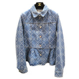 Chanel, Blue/White, Size 38, Women's Coco Mark Camellia Print Denim Jacket, Cotton, 38, Blue/White