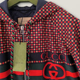 Gucci All-Over Web Print, Navy/Red/Beige/Green, Size 50, Hooded Jacket, Nylon/Polyester, Size 50, Navy/Red/Beige/Green
