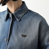 Prada, Light Blue, Women's Distressed Oversized Denim Jacket, Cotton, Light Blue