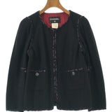Chanel, Black, Women's Collarless Jacket, Wool/Rayon/Acrylic/Polyester/Nylon/Polyurethane, Black