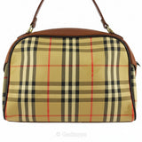 Vintage Burberry Handbag with Check and Horse Mark Design in Beige, Brown, and Gold Women's.
