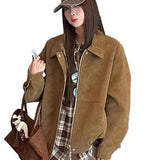 LIUZHONGQIN, Brown/Black, Women's Short Suede-Like Jacket, Brown/Black