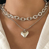 Gold, Layered Heart Necklace, Chrome Heart Jewelry Chunky Cuban Heart Pendant Necklace, Alloy, Gold