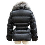 Prada, Dark Gray, Size 40, Women's Fox Fur and Leather Trimmed Logo Belt Down Jacket, Polyamide, 40, Dark Gray
