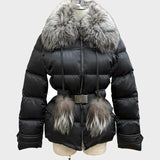 Prada, Dark Gray, Size 40, Women's Fox Fur and Leather Trimmed Logo Belt Down Jacket, Polyamide, 40, Dark Gray