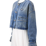 Prada, Blue, Size 36, Women's Triangle Logo Distressed Denim Jacket, Cotton, 36, Blue