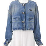 Prada, Blue, Size 36, Women's Triangle Logo Distressed Denim Jacket, Cotton, 36, Blue