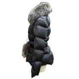 Prada, Dark Gray, Size 40, Women's Fox Fur and Leather Trimmed Logo Belt Down Jacket, Polyamide, 40, Dark Gray
