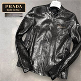 Prada, Black, Size 48 (ML), Men's Lambskin Leather Biker Jacket, Lambskin Leather, 48, Black