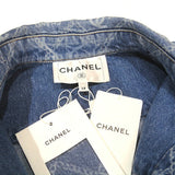 Chanel, Blue/White, Size 38, Women's Coco Mark Camellia Print Denim Jacket, Cotton, 38, Blue/White