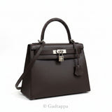 Hermes Kelly 28 Epsom Chocolate Silver Hardware V-shaped 2-Way Bag