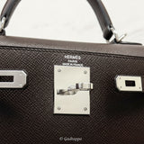Hermes Kelly 28 Epsom Chocolate Silver Hardware V-shaped 2-Way Bag